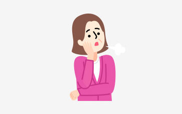 입을 가리고 긴장한 표정으로 한숨 쉬는 여성 일러스트
