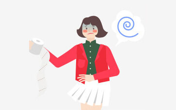 휴지를 들고 배를 잡은 채 어지러워하는 여성 일러스트