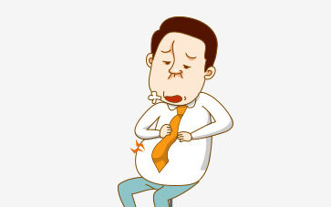 부풀어 오른 배를 붙잡고 불편해하는 남성 일러스트