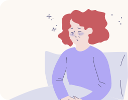 새벽에 깨어 침대에 앉은 채 피곤해하는 여성 일러스트