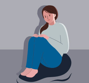 무릎을 끌어안고 웅크려 앉은 여성 일러스트 — 회피행동